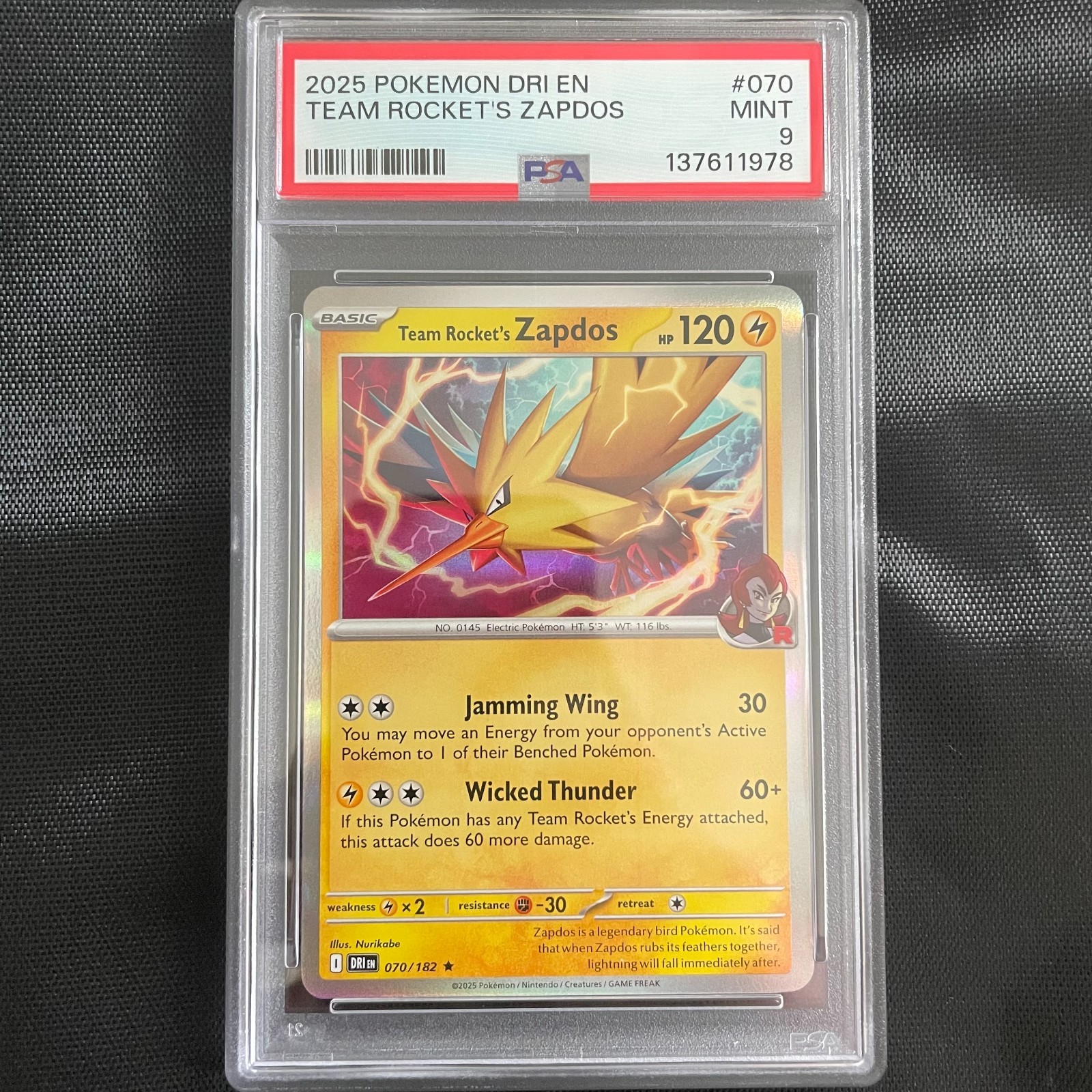 Team Rocket's Zapdos 70 PSA 9 MINT Graded Pokemon Card 2025 SV10 Destined Rivals