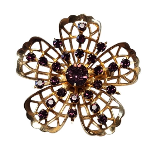 Vintage CORO Gold Tone Purple Rhinestone Flower Brooch Openwork Statement Pin