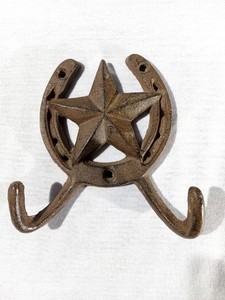 Heavy Cast Iron Western Rustic Texas Star Horseshoe Double Hooks Keys Coats