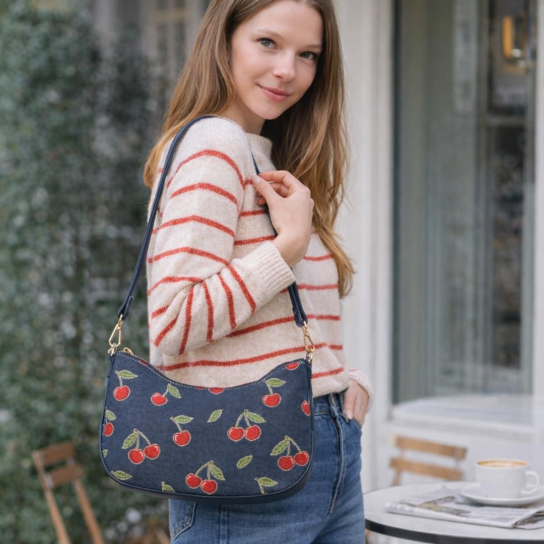 Womens Half Moon Handbag Cherry Print Blue Shoulder Cross Body Bag Travel