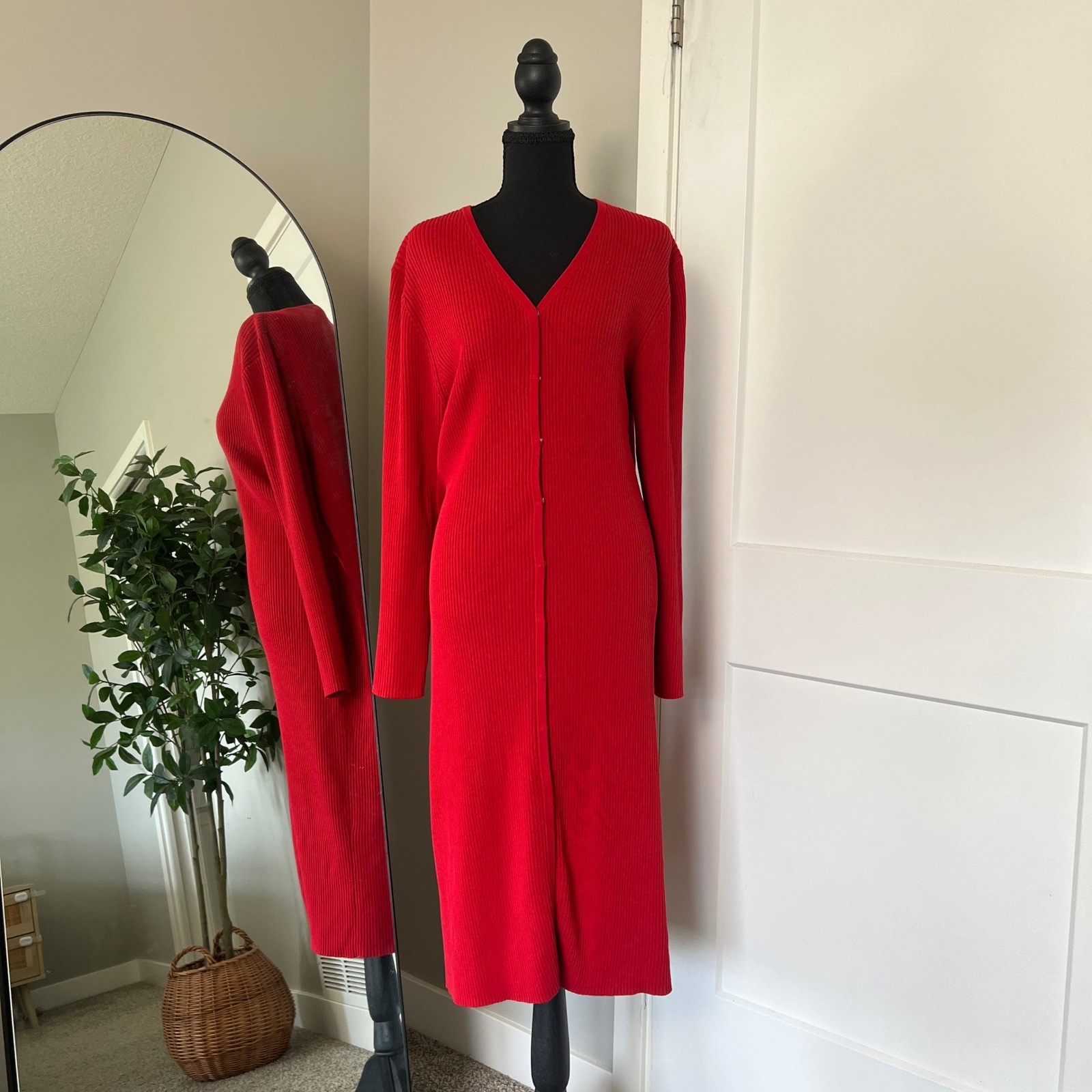 Cardigan Dress Womens XL Red Ribbed Knit Longline Midi Button Front Willi Smith-image