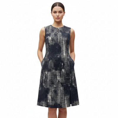 AKRIS PUNTO Zipper Accent Navy Blue Gray Woven Sleeveless Sheath Dress 6