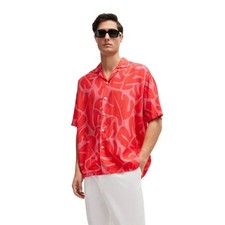 Hugo Boss Drew Short Sleeve Shirt Men's L Relaxed Fit Bright Red Print 178 NWT