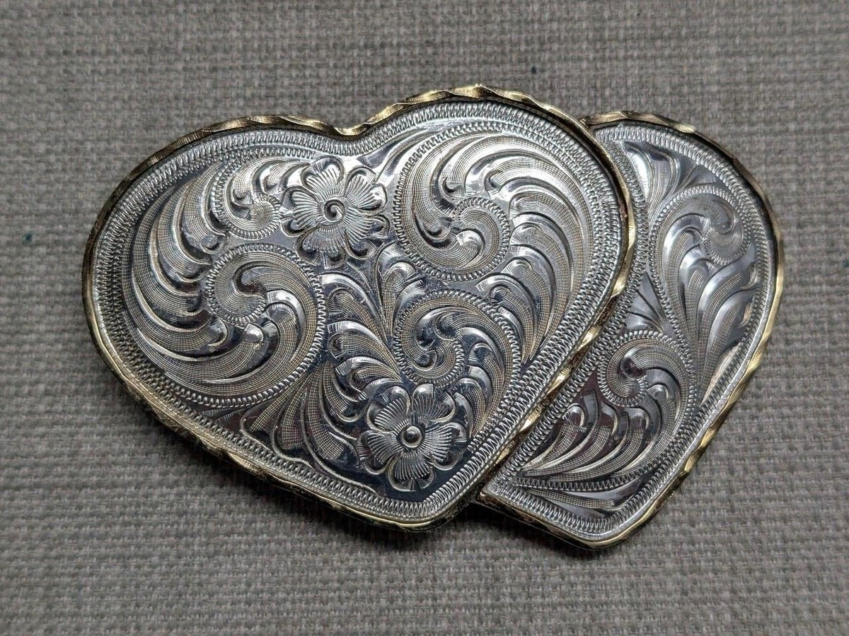 Dan Post Silver Double Heart Belt Buckle on Leather Calf Hair Rustic Belt Vintage MONTANA SILVERSMITHS Silver Plate Gold Tone DOUBLE  main image 2