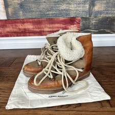 Isabel Marant Nowles Tan Brown Shearling Suede Leather Wedge Lace Up Boots 38