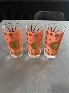 3 Vintage Fred Press Sunburst Highball Glasses 22K Gold Pink MCM 1960s No Res!