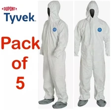 Pack of 5 -DuPont Tyvek Coverall with Attached Boots and Hood L, XL