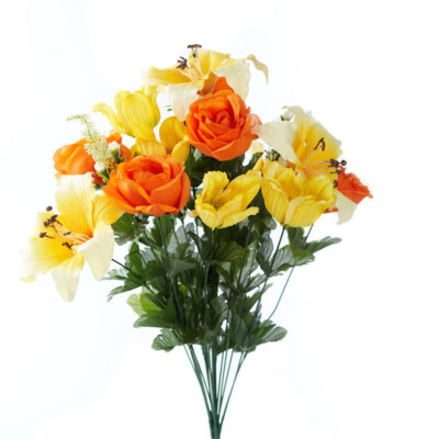 22'' Yellow and Orange Artificial Rose, Tiger Lily, and Cosmos Floral Bush