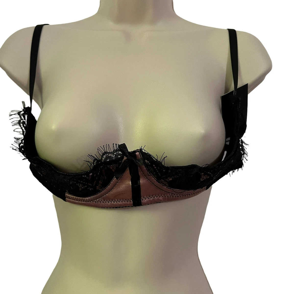 Frederick's of Hollywood Lux Lace Over Satin Shelf Bra Pink Black