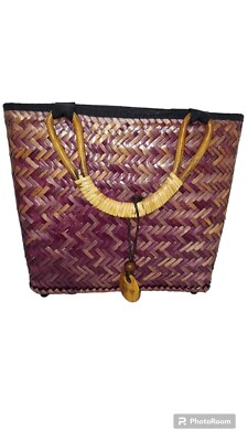 Vtg Espirit Woven Bamboo Basket Tote Bag Purse Purple Wood Bamboo Beachy Vacay