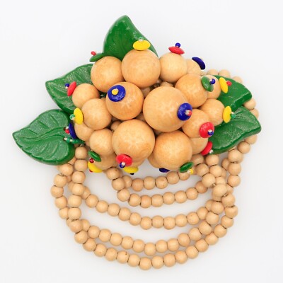 Vintage Early Haskell Style Wooden Beads and Leaves Stretch Bracelet 1930s