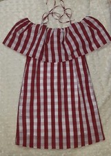 Mango Red White Plaid Checkered Off Shoulder Dress Pockets Ruffle Neck Tie Small