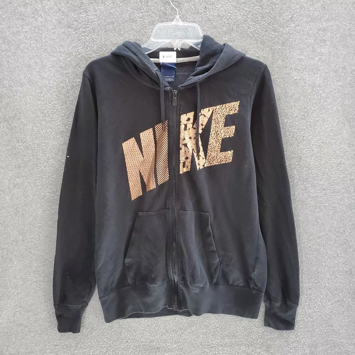 Nike Men Activewear Hoodie Large Black Logo Graphic Gold Full Zip Fleece READ