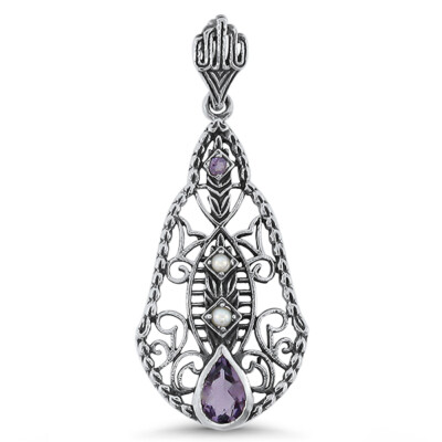GENUINE AMETHYST PEARL 925 STERLING SILVER CLASSIC VICTORIAN STYLE PENDANT  606X