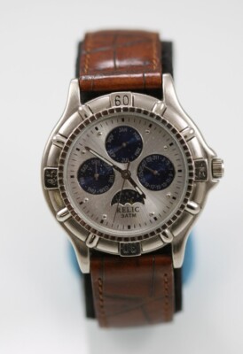 Relic Watch Men Stainless St 30m Brown Leather Moon Month Day Date White Quartz