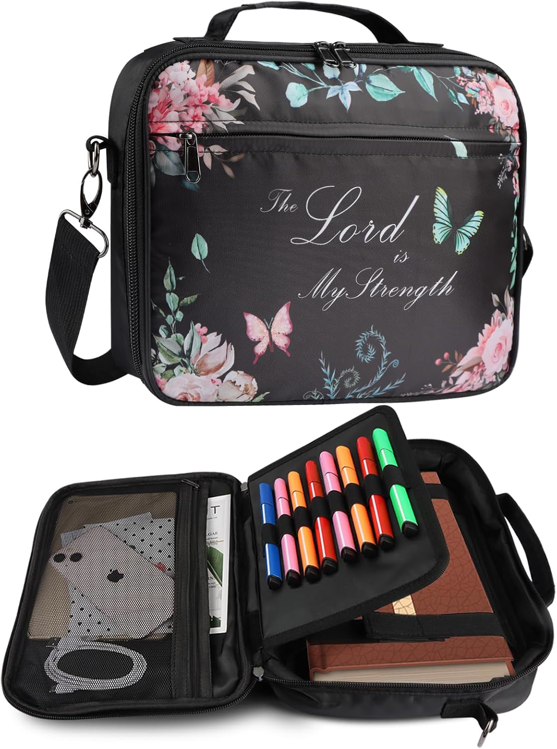 Bible Cover with Handle, Zippered Church Bag, Black Floral, Gifts for Women
