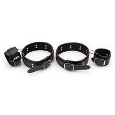 Black PU Leather Leg Arm Restraint Cuff Set Couples Binding Lockable Handcuffs