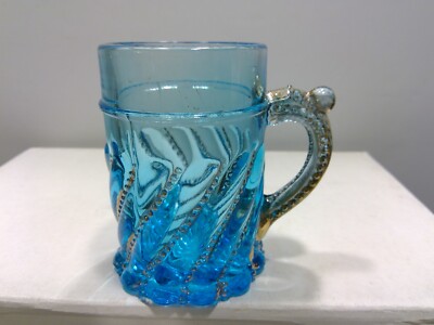 Antique EAPG Bead & Swirl Blue Glass with Gold Accents Child's Cup Mug