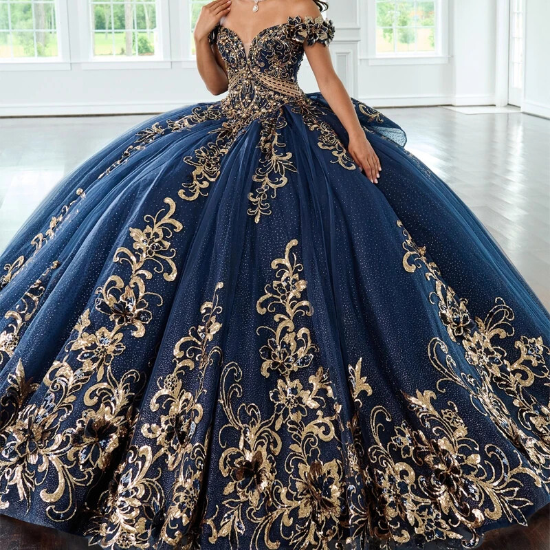 Navy Blue Shiny Quinceanera Dresses Sequin Appliques Beads Ball