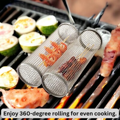 Rolling Grill Baskets For Outdoor BBQ (2-Pack, Large) - Net Cylinder Caddy
