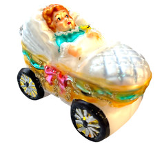 Baby's First Christmas Ornament Girl/Boy Nursery Pink/Blue Carriage Buggy Glass