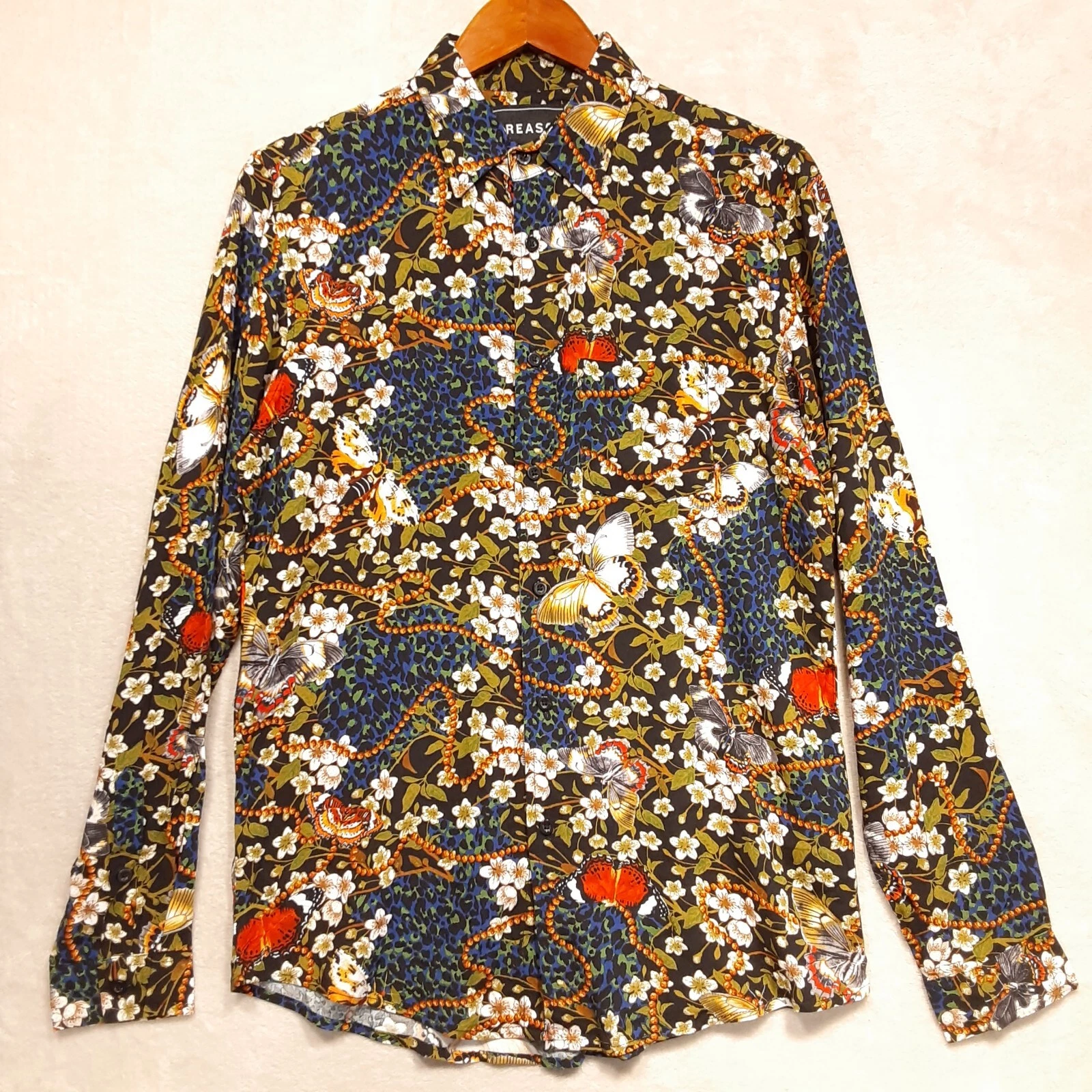 REASON Mens LS Floral Print Button Shirt Sz.S/Blue/Butterfly/100% Viscose