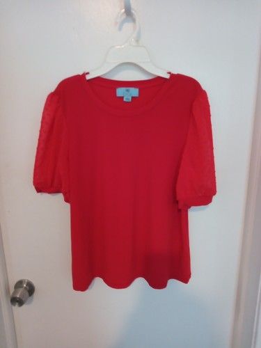 CECE DAMEN OBERTEIL GRÖSSE L KURZARM ROT TRANSPARENTE ÄRMEL PUNKTE POLYESTER