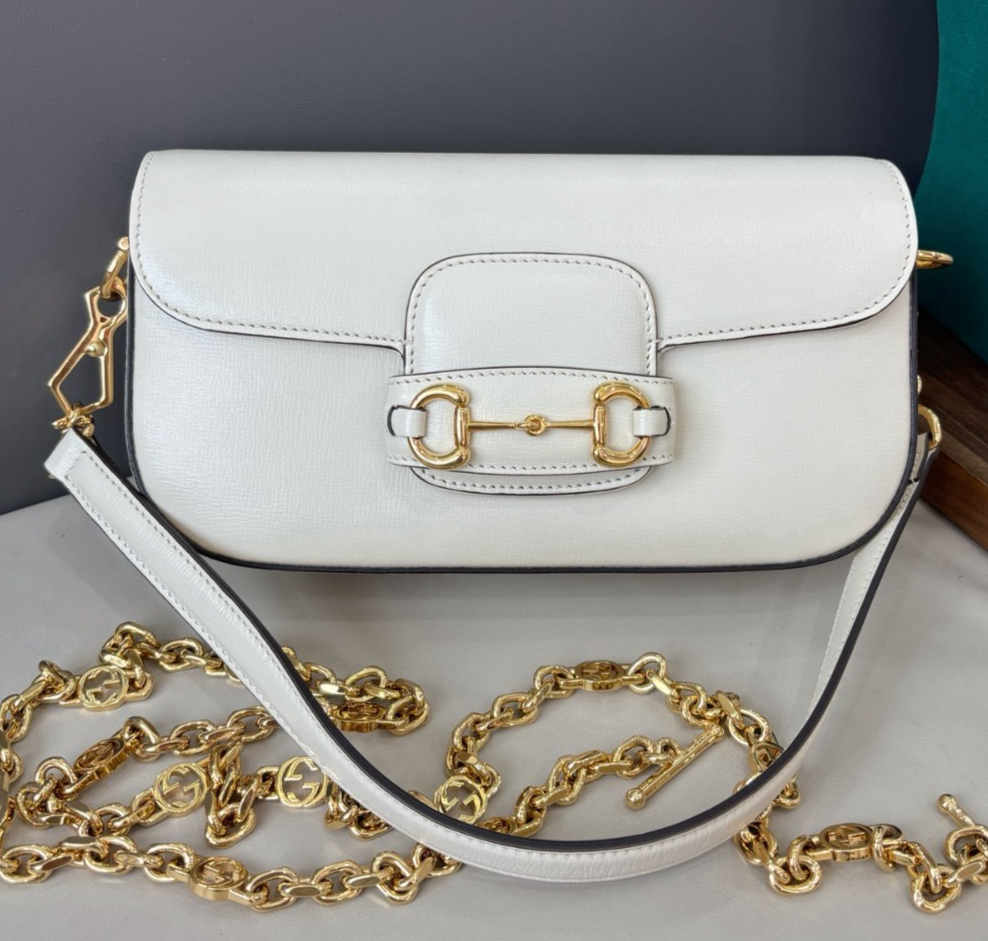 Gucci Horsebit1955 Saddle Chain Shoulder Bag Crossbody White Gold