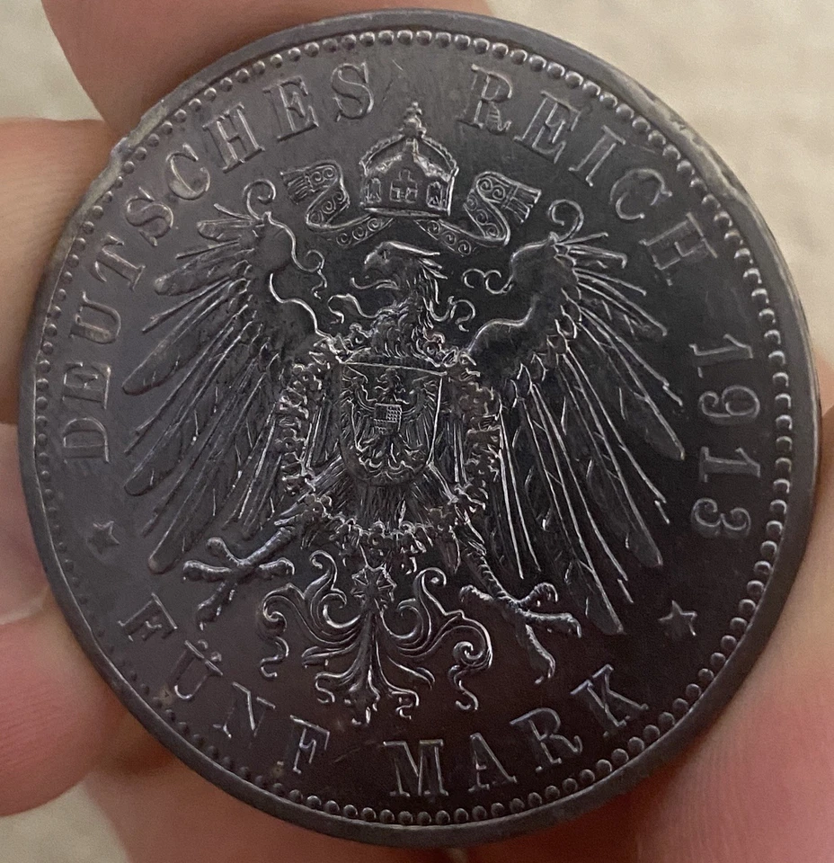 1913 A Germany German States Prussia 5 Mark Silver BU Deep Purple Reverse - Image 3 of 3