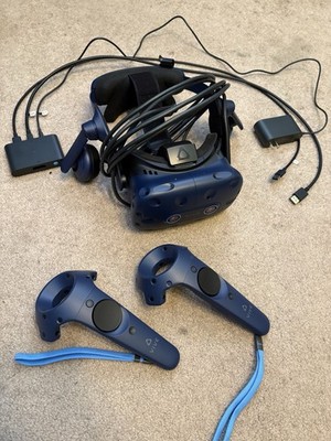 HTC Vive Pro Blue VR Headset Built-In Headphones Controllers Cables