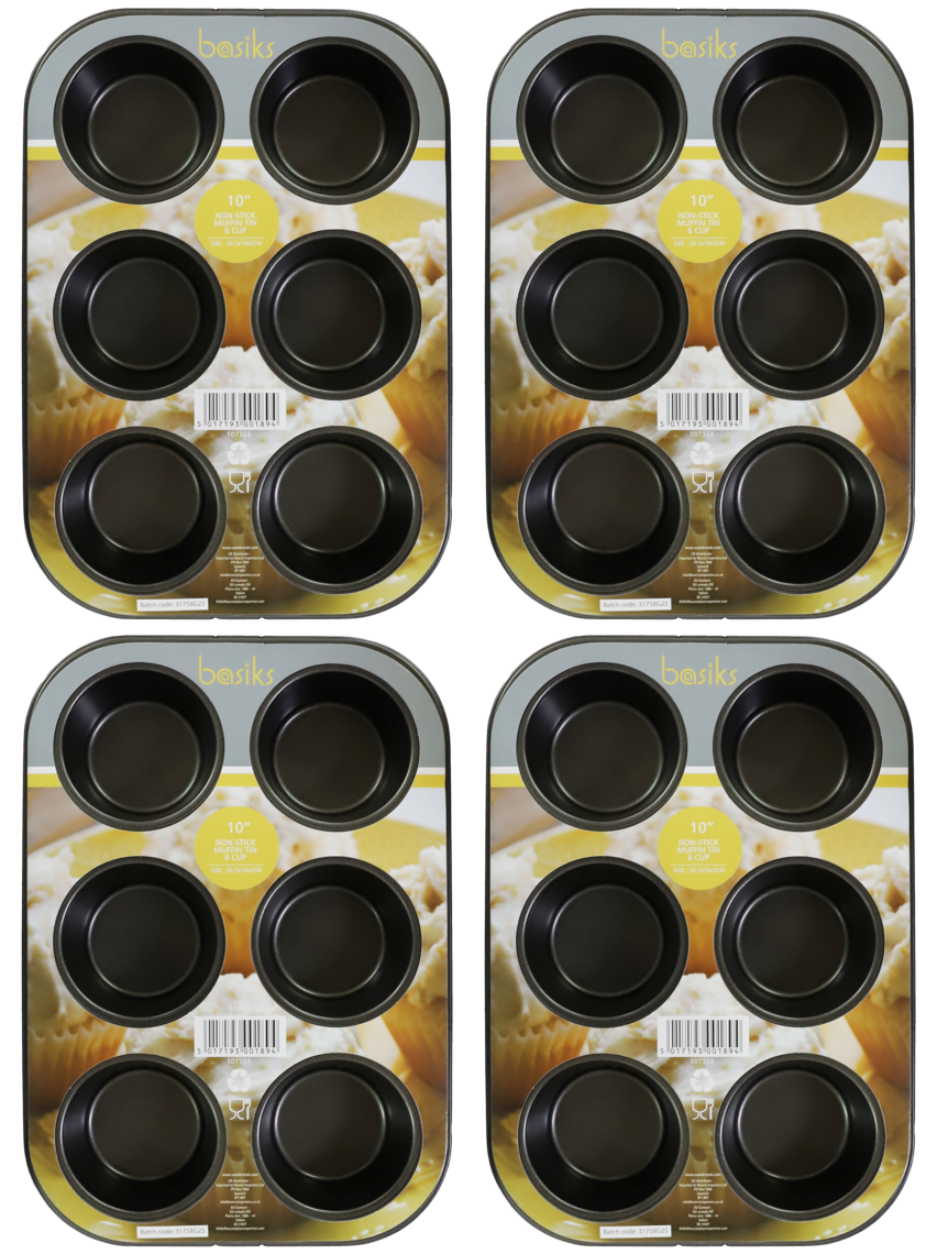 4x basiks 6 Cup Muffin Pan Non-Stick Steel Cake Baking Kitchen Oven Tin Tray 10""