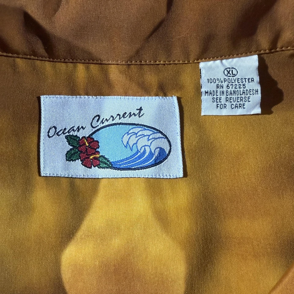 Ocean Current 衬衫男式 XL 棕色黄色夏威夷汽车棕榈树日落海滩 XL — 第 2/4 张图片