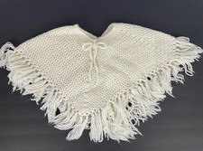 Vintage Off-White Hand-Crocheted Poncho Shawl with Fringe Toddler Girl 24 Months