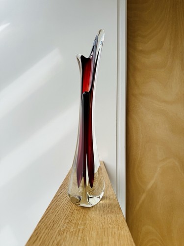 Vintage Three Finger Swung Art Glass Vase, Red Cased in Clear, Polished Bottom - Picture 19 of 20