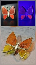 Vtg Stained Glass Butterfly Suncatcher Amber Yellow Metal Framed