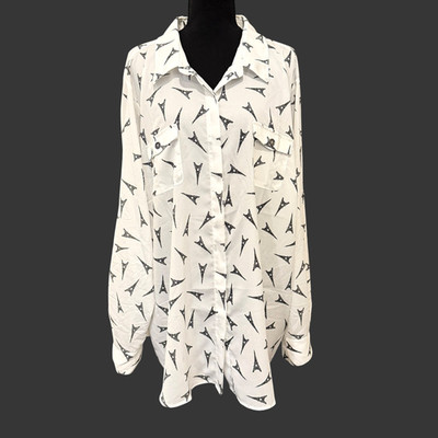 Karl Lagerfeld Womens Button Down 3X White Black Eiffel Tower Paris Old Money
