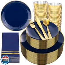 NOCCUR 350PCS Navy Blue Plastic Plates - Blue Disposable Dinnerware Set for 5