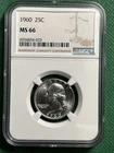 1960  25C Washington Quarter Dollar NGC MS66  FREE Shipping