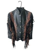 Diamond Leather Fringe Beaded Vest Sz M Black Mock Neck Moto Western Yellowstone