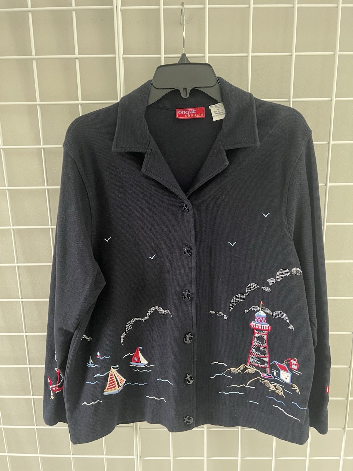 Cardigan Sweater Women’s Size XL Navy Blue Lighthouse Onque Casuals-image