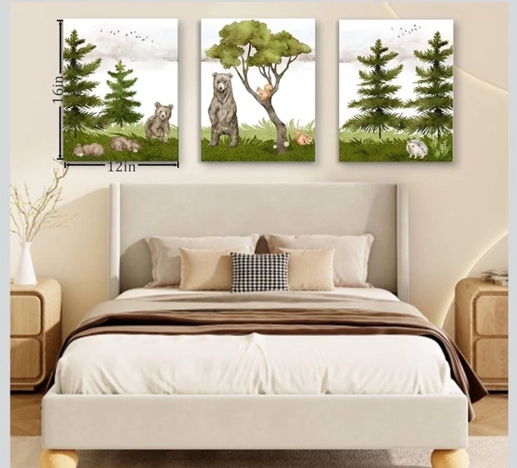 Juego de arte de pared en lienzo de animales del bosque, 3 impresiones de acuarela rústica de 16"x24" Foto 2 de 3