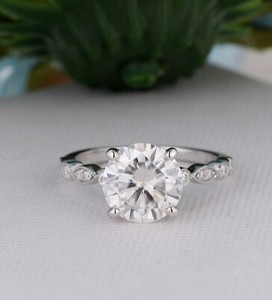 Authentic Art Deco 3ct Rond Moissanite 14K White Gold Plated Ring Stacking Engagement Ring