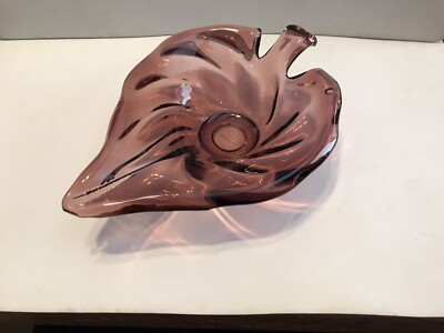 Purple Amethyst Candy Dish, Leaf Shaped, Heavy & Thick Blown Glass