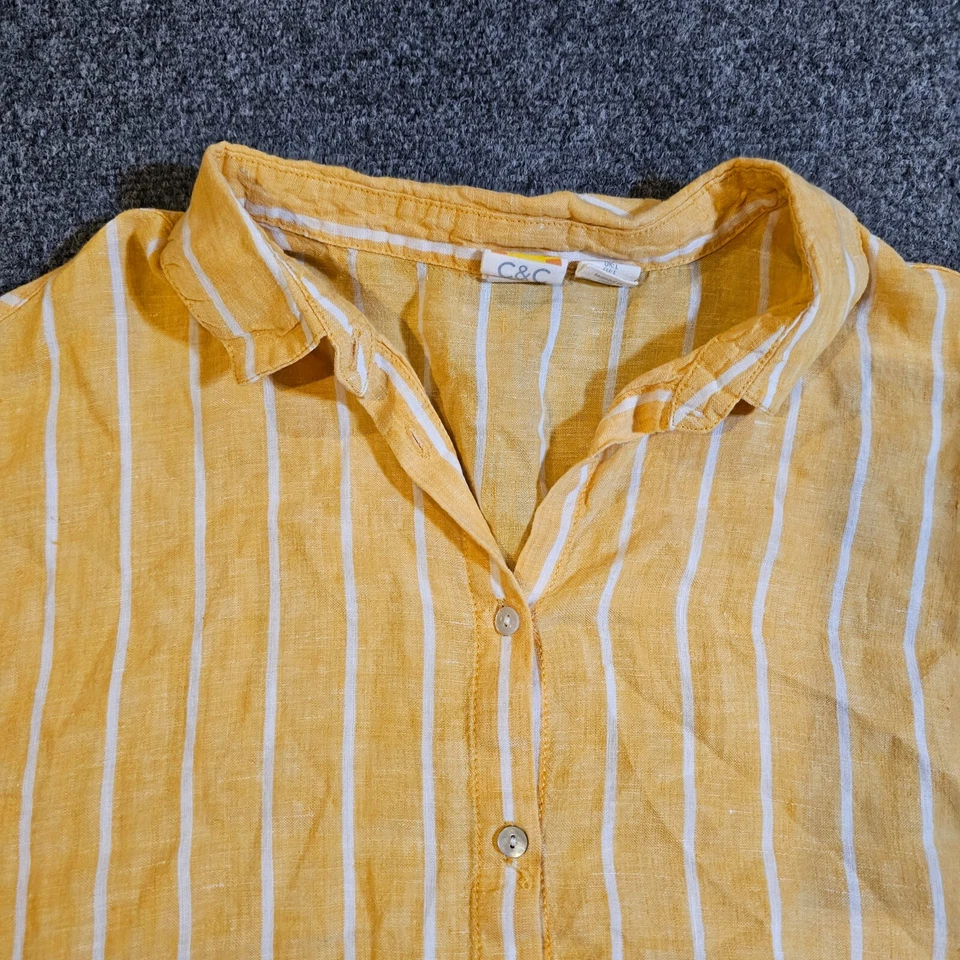 C&C California Top Womens Size Large Yellow Linen Striped Button Casual Beachy - Image 2 of 4