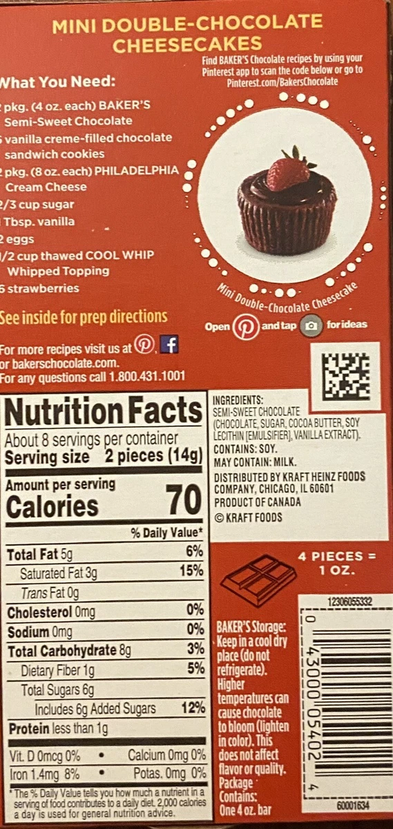 BAKER S Semi Sweet Chocolate 56 CACAO Bar 4oz 1 Premium Baking