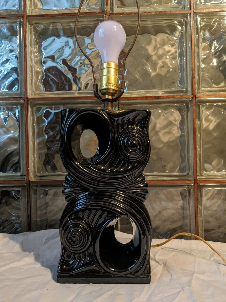 Vtg mid century Black Ceramic TIKI TABLE LAMP Mayan Wave Shell Owl