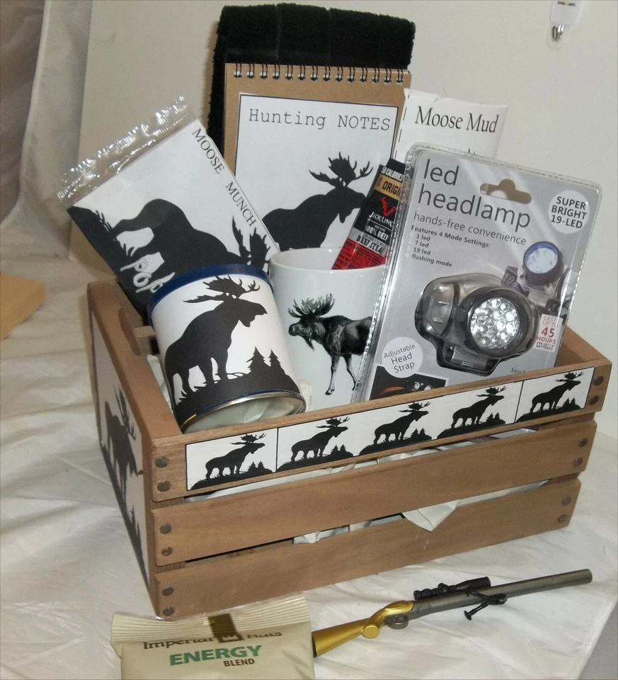 Black Moose Wood Crate Gift Basket Lodge Led Headlamp Men Hunters Rifle Pen Nuts - Image 2 of 4
