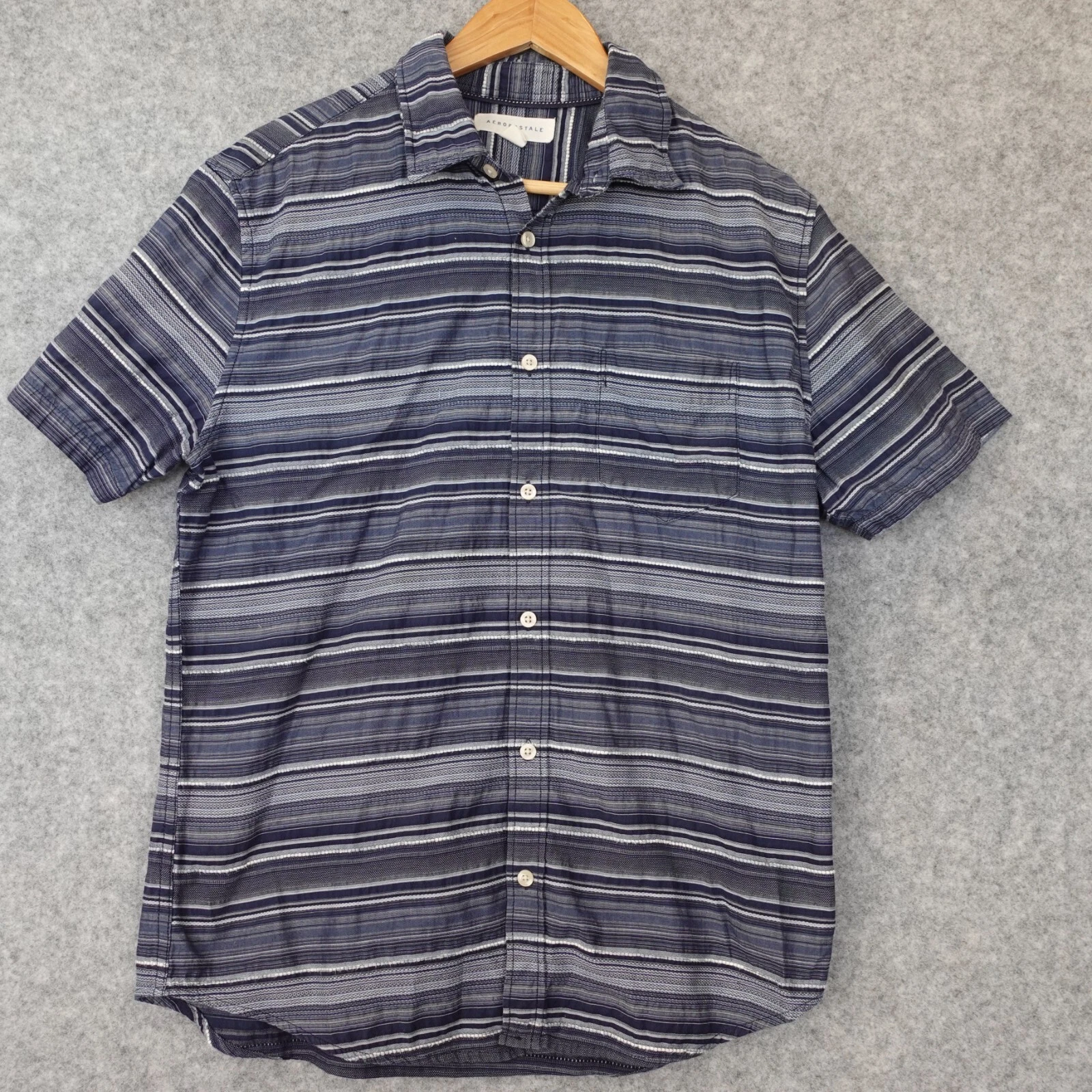 AEROPOSTAL Mens Blue Camp Collar Shirt M Dobby Stripe Summer Coastal Nautical