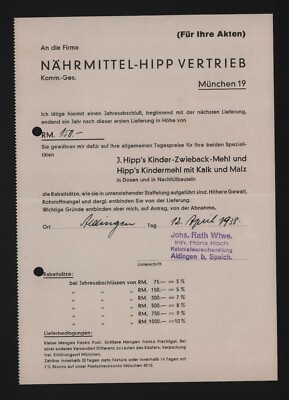 Aldingen, letter 1938, Johs. Rath Wwe. Colonial Goods Shop Hipp Distribution
