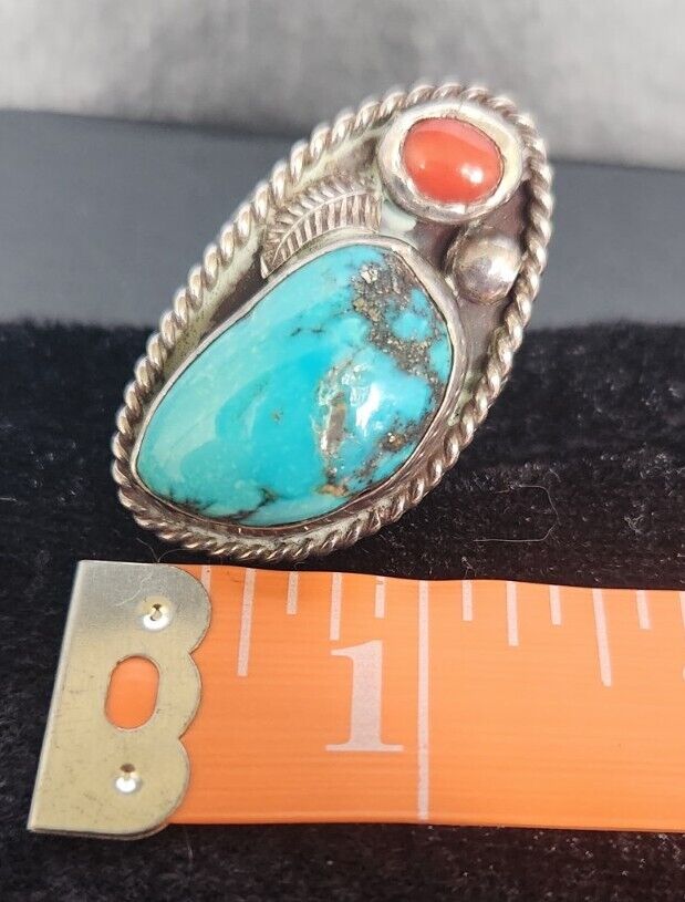 Navajo Turquoise and Coral Ring Size 11 Sterling … - image 5